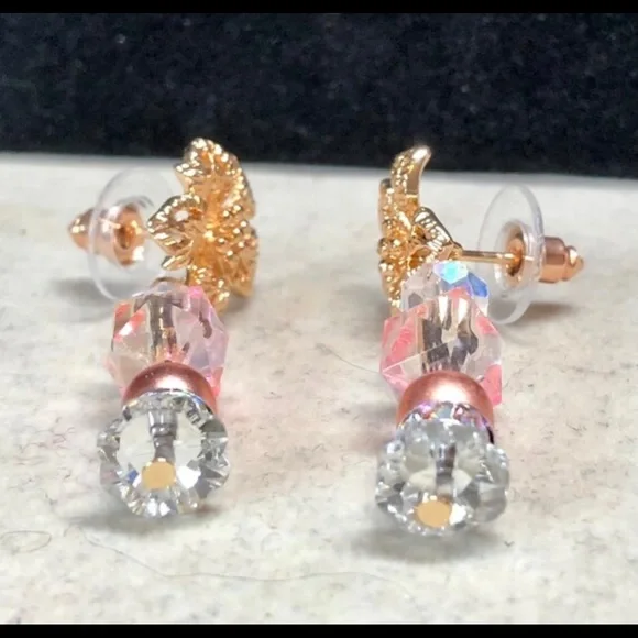 💕✨pretty Swarovski earrings in gold and pink-floral - Picture 3 of 13